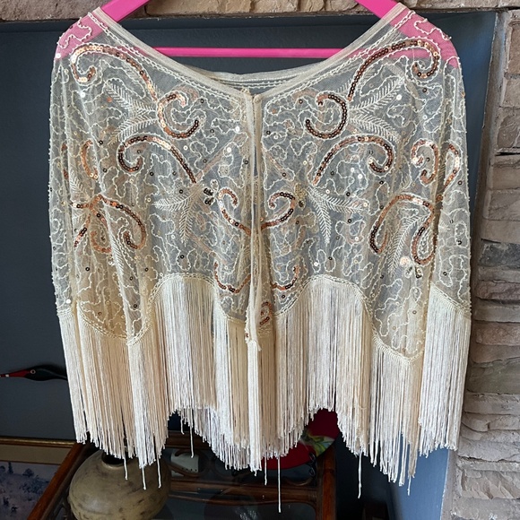 Vintage Bridal Lace Fringe Sequin Wedding Festival Wrap Cape Cream Gold OS - Picture 3 of 5